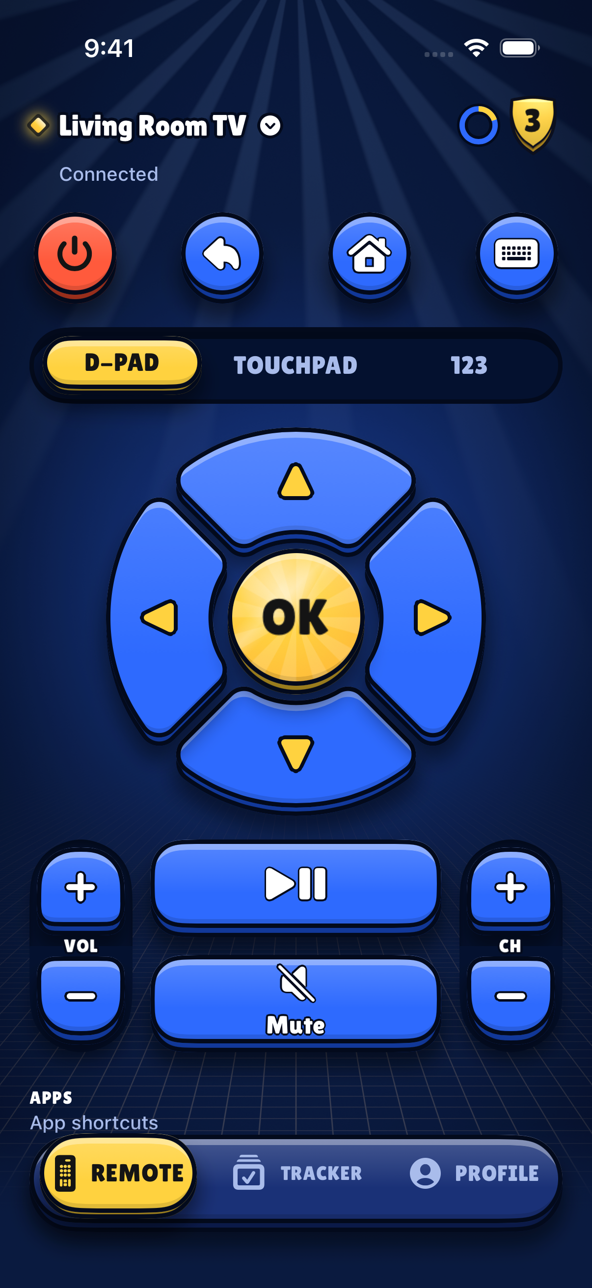 The Arena skin turns TV controls into blue and yellow game-inspired buttons.