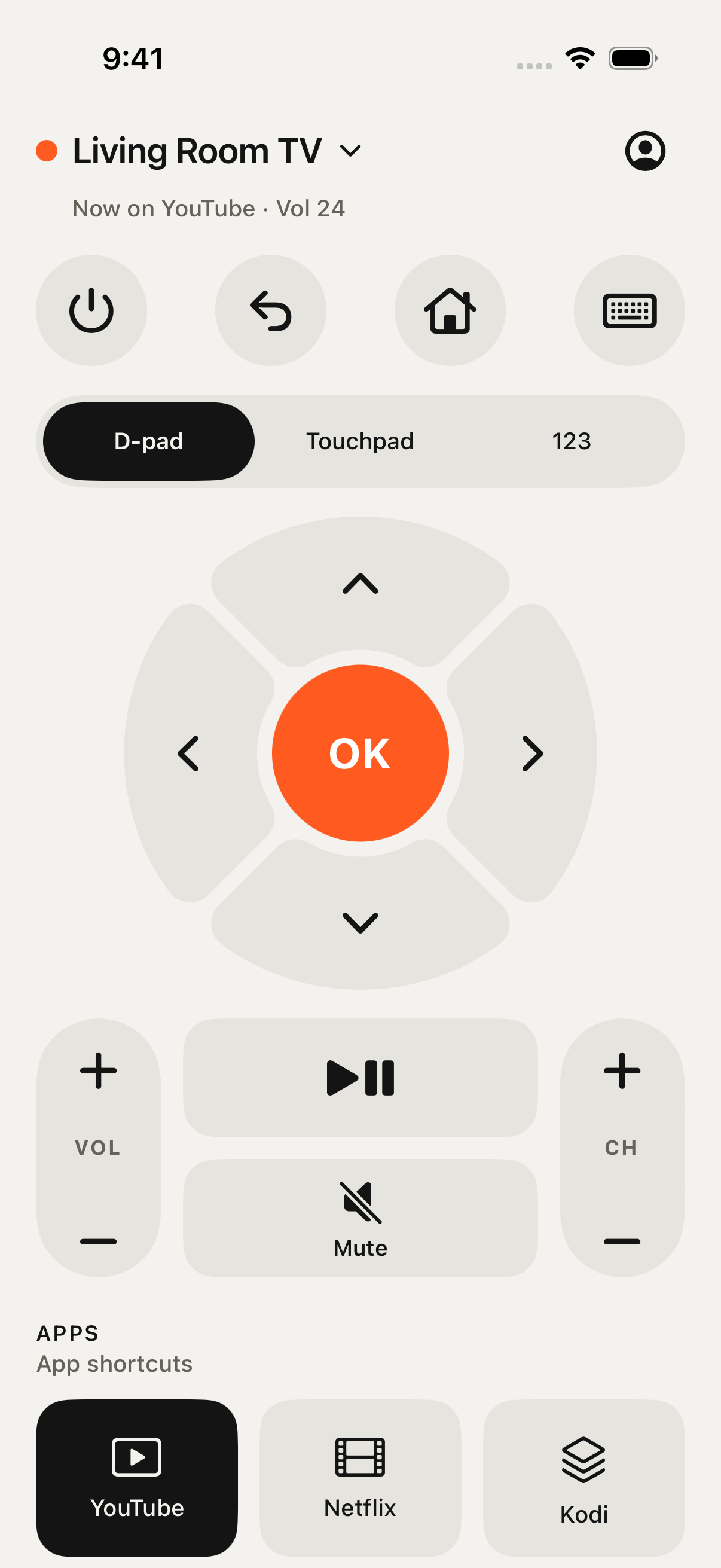 Pocket Console remote in light mode, with D-pad and media controls.