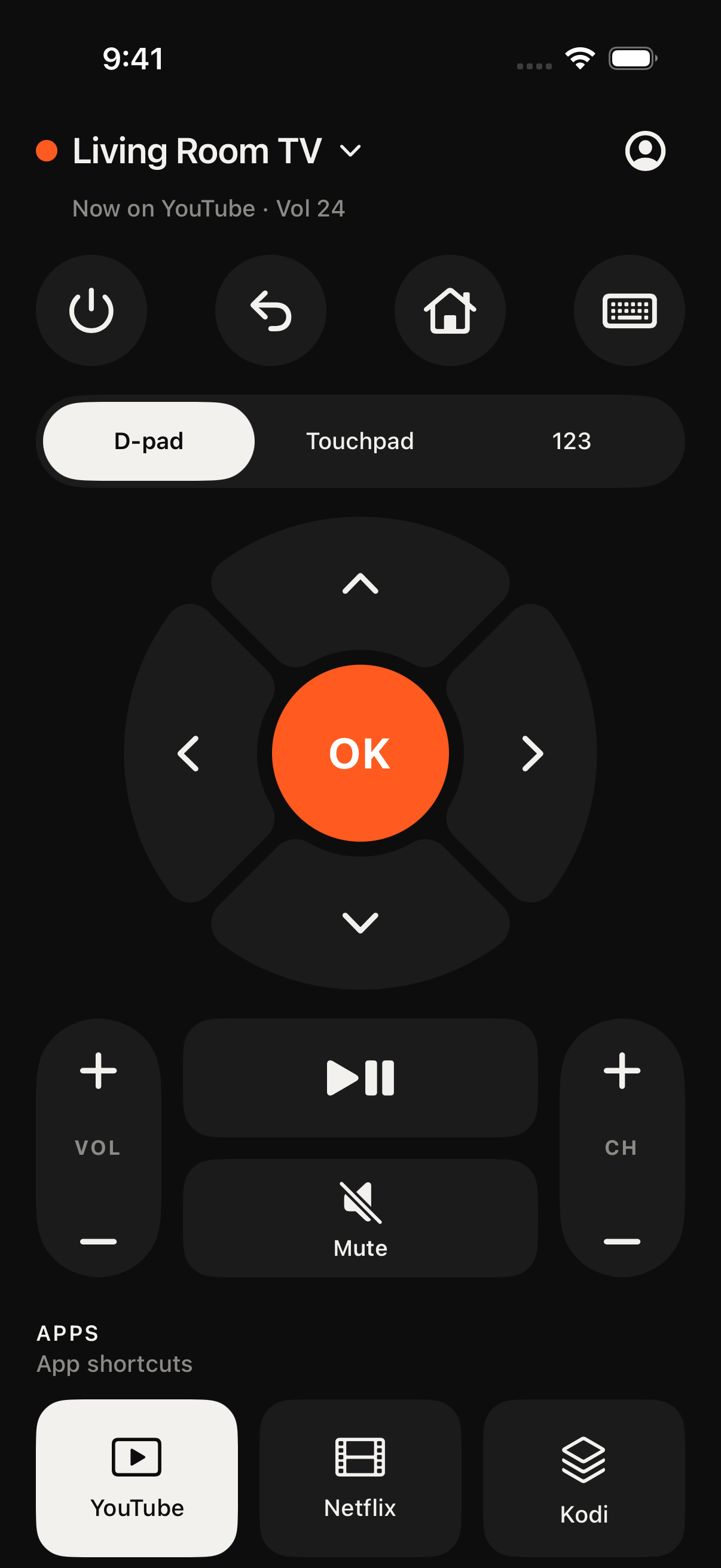 TV Remote Tracker’s dark remote interface with an orange OK button and TV controls.