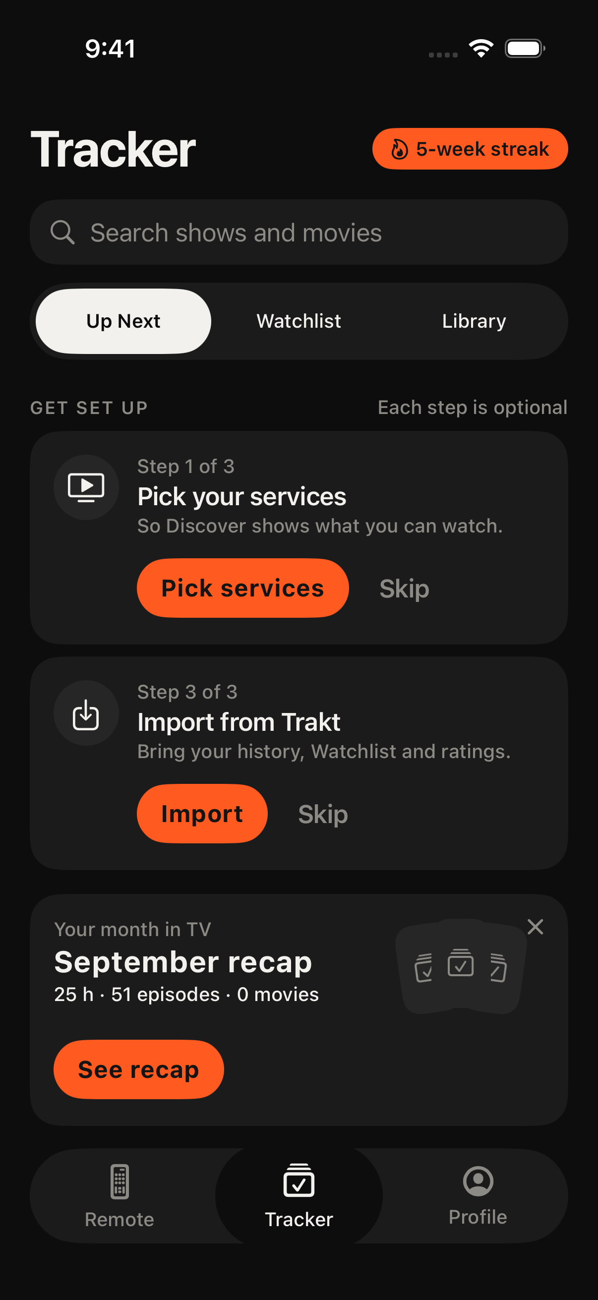 The tracker with Up Next, Watchlist, Library, and a monthly viewing recap.